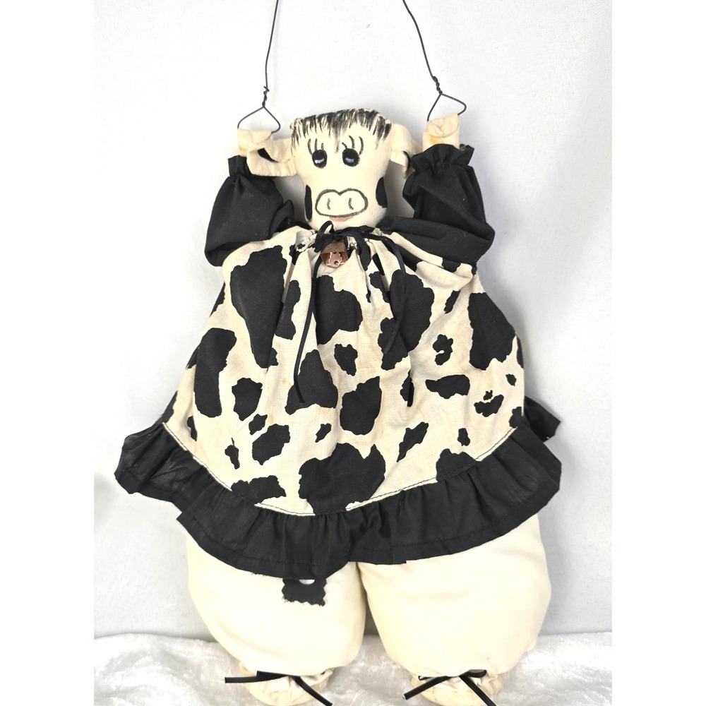 Vintage Handmade Cow Doll Plush Farmhouse Kitchen Decor Hanging 14" Tall Stuffed